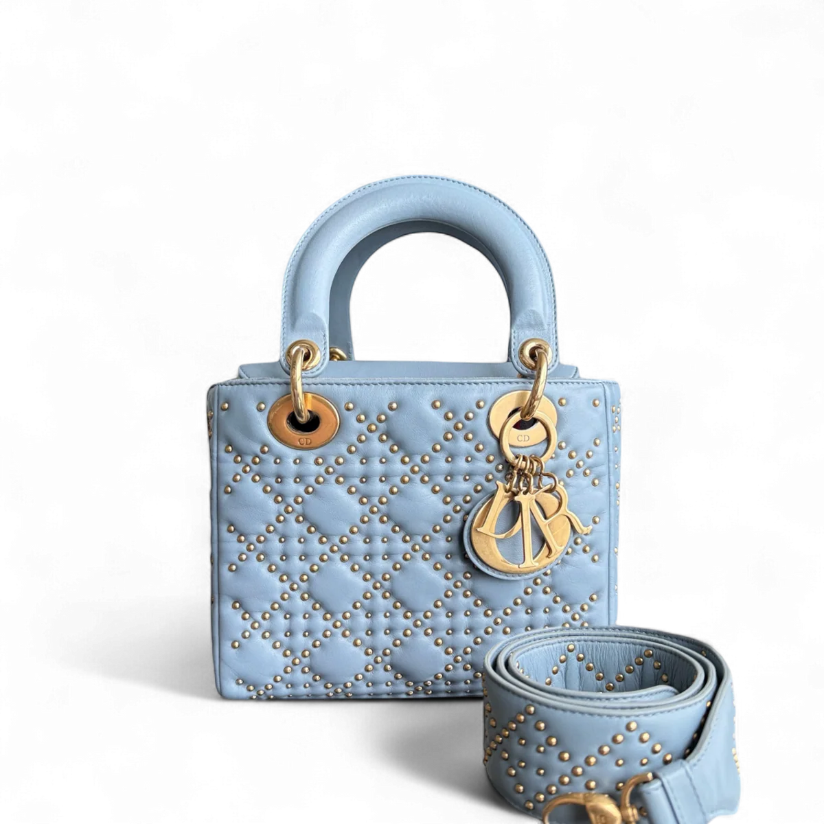 DIOR LADY SMALL FLAP - CANNAGE CALFSKIN STUDDED BLUE GOLD HARDWARE SYCM522