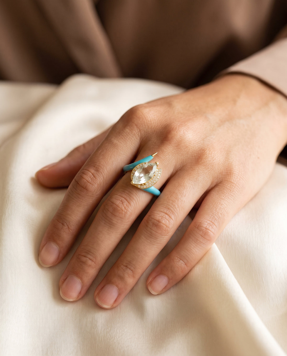 Mati - 2crts Blue Aquamarine and 0.15crts Diamond Marquise Eye Ring HOA012