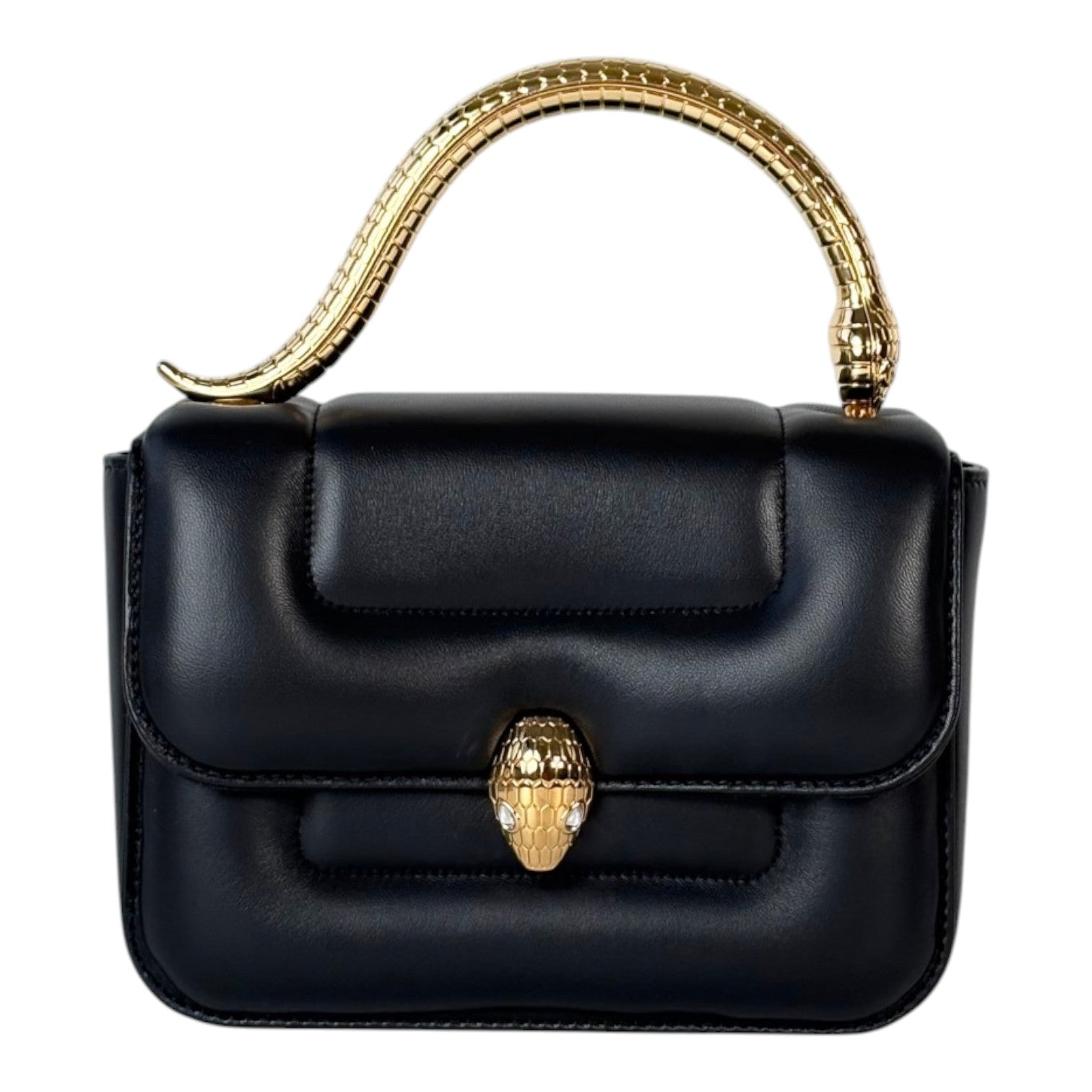 Bvlgari X Mary Katrantzou Black Serpenti Bag with Top Handle in Nappa Lambskin with Gold Hardware