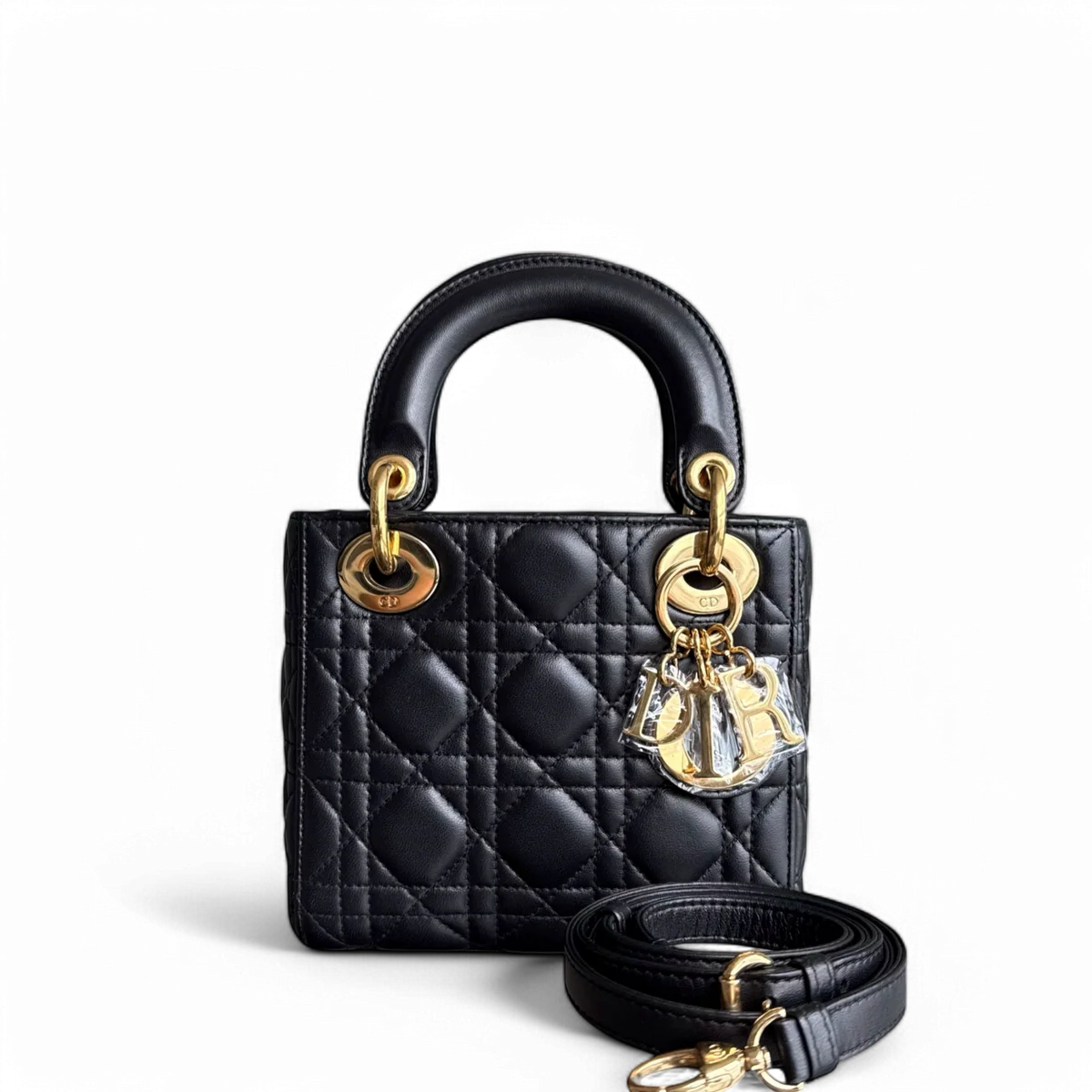 DIOR LADY MINI - CANNAGE LAMBSKIN BLACK GOLD HARDWARE ADJUSTABLE STRAP SYCM532