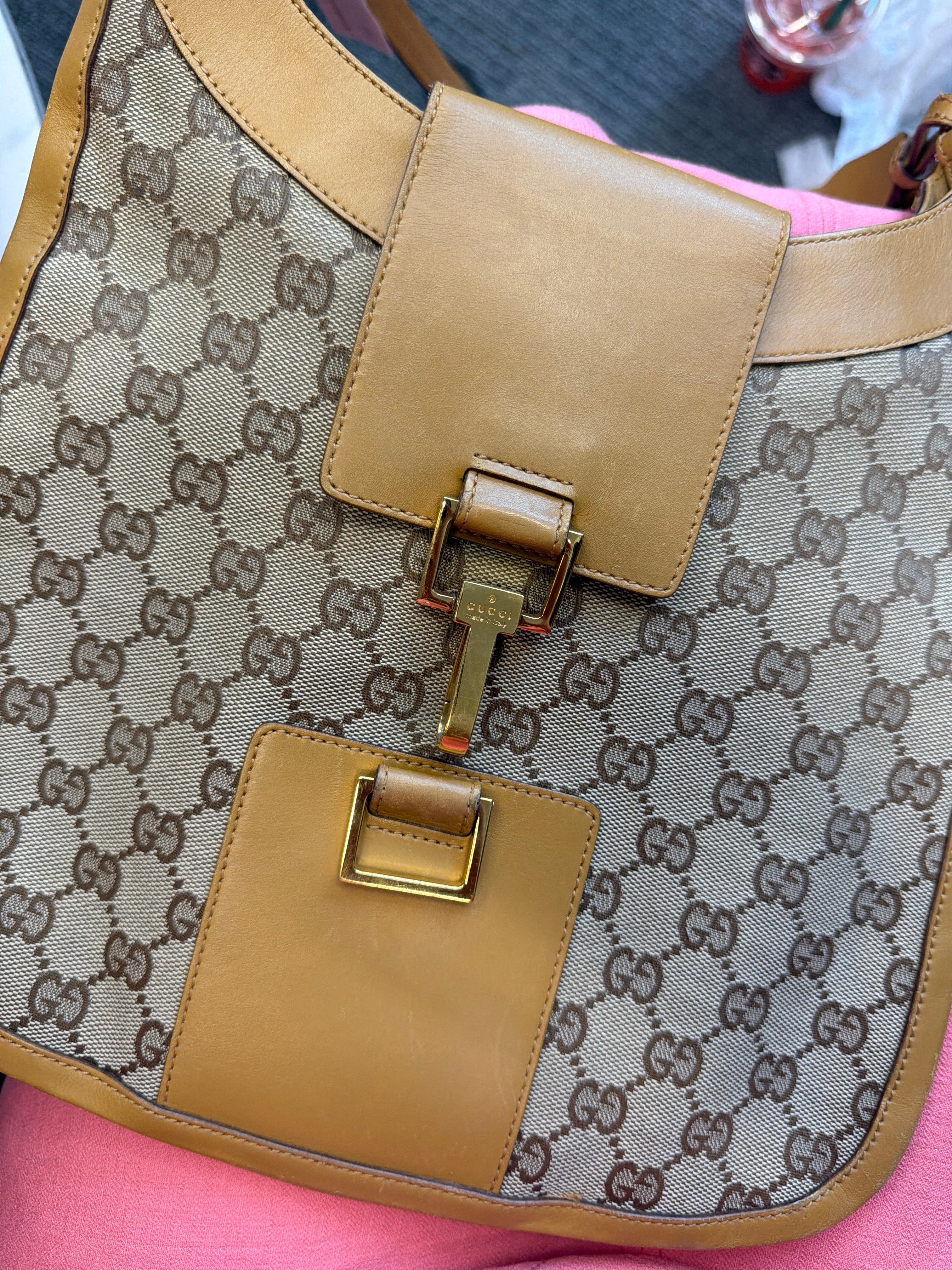 Gucci GG Shoulder Bag Light Brown Leather Trim GHW