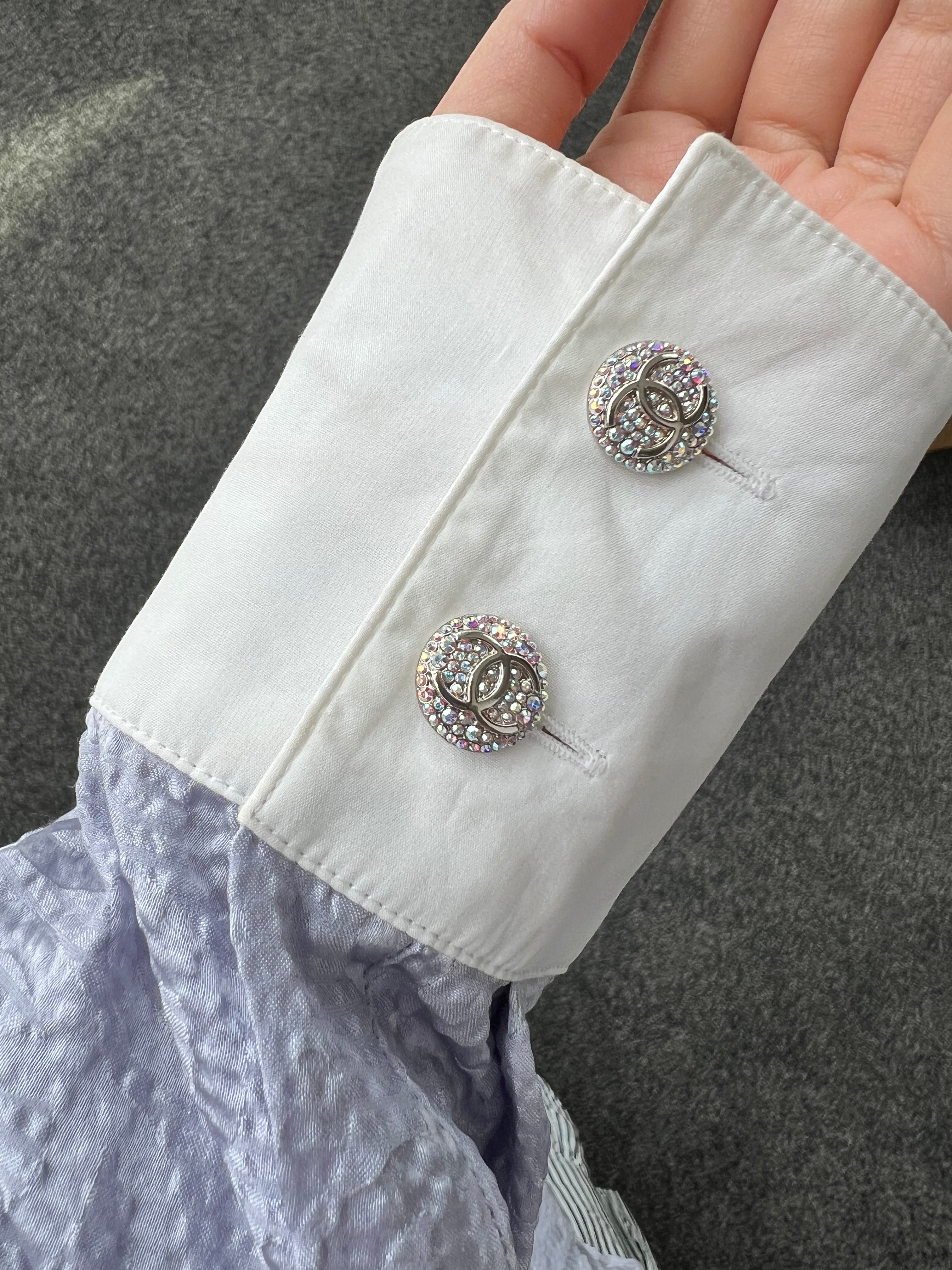 Chanel Logo Silk Shirt Lilac/White Sz 38 SYCYA117