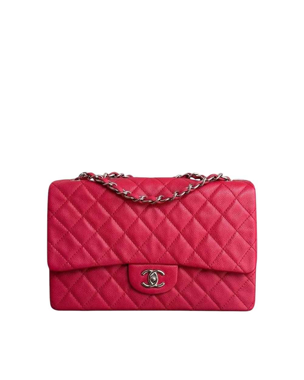 CHANEL CLASSIC FLAP JUMBO - CAVIAR 30CM SINGLE FLAP QUILTED PINK RED SILVER HARDWARE SERIES 12 SYCMCA134
