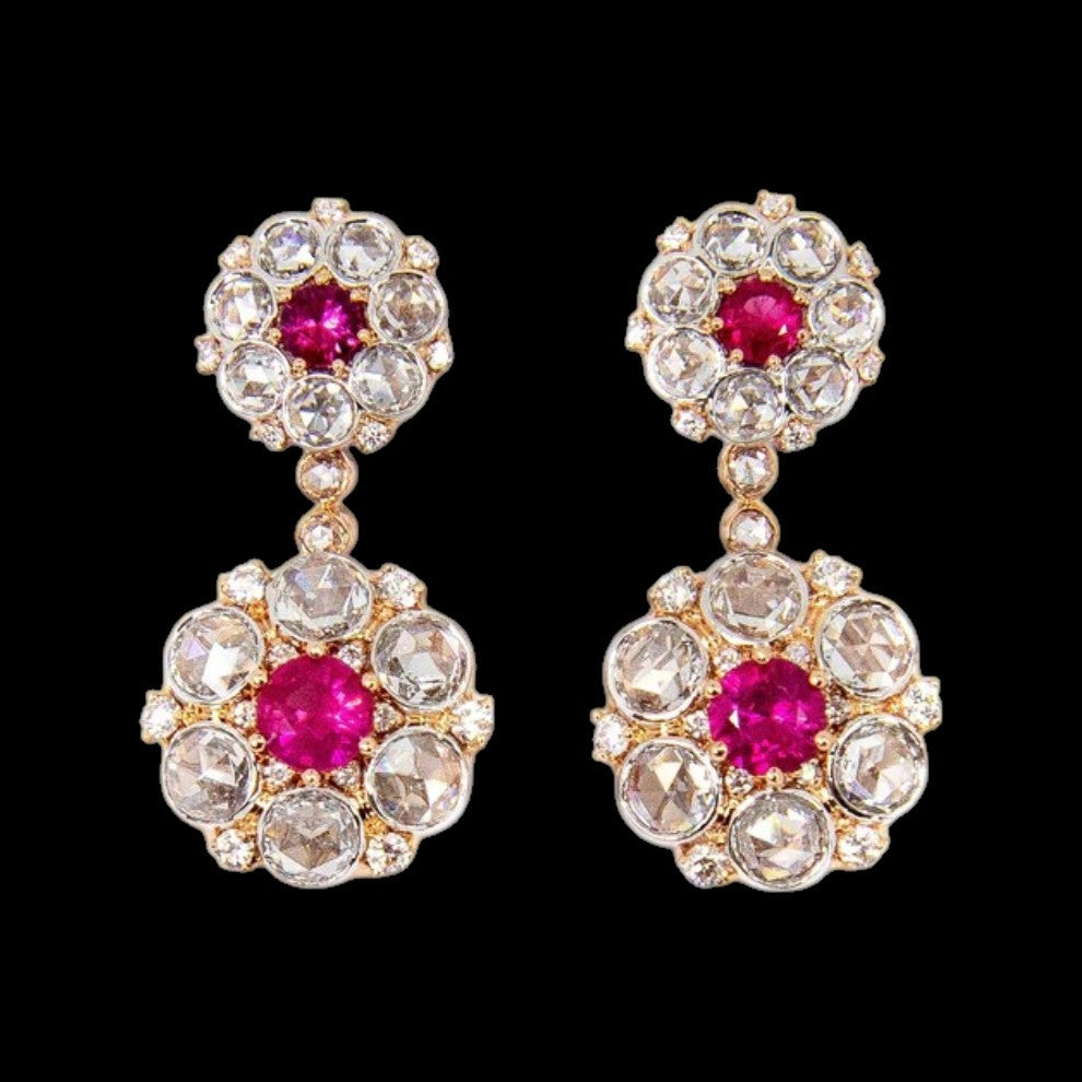 Signature 1.03ct Ruby and 2.41ct Rose Cut Diamond & 0.29ct Brilliant Cut Diamonds (FG VS) Earrings set in 18K Gold