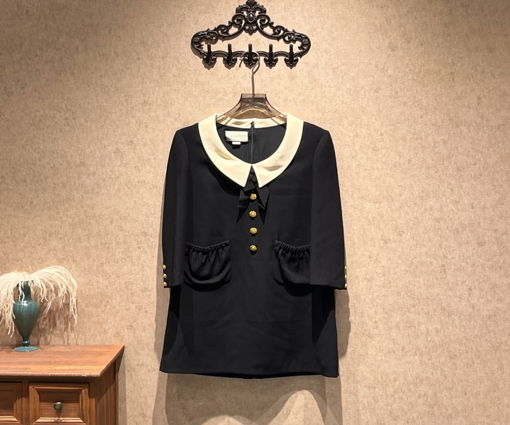 Gucci double G gold buckle bow Peter Pan collar dress / size 38 / 99% new / 42175 SYCF42175
