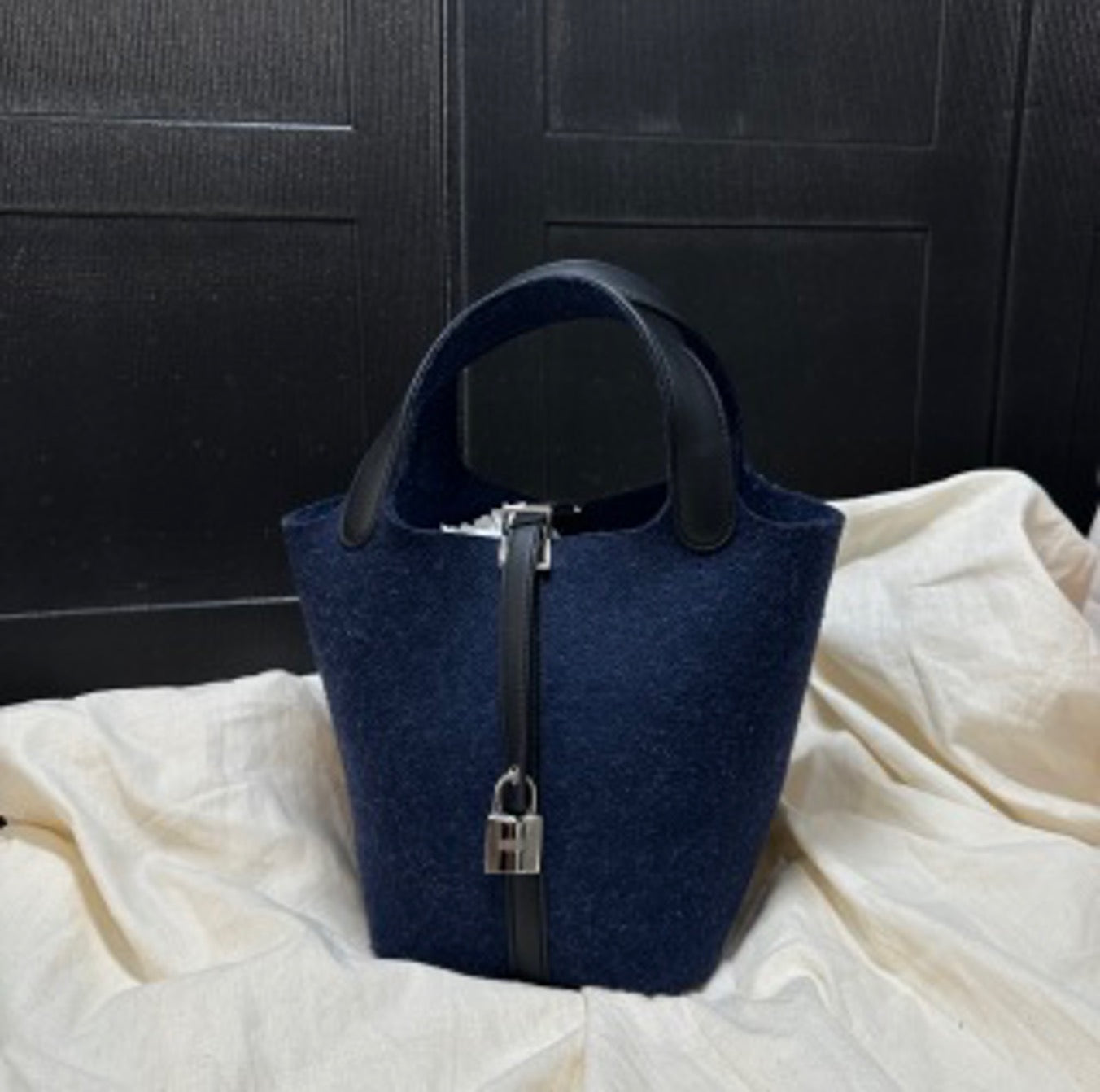 Hermes Felt and Leather Patchwork Basket 18 US66179