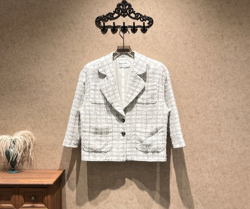 Chanel White Check Midi Blazer / Size 36 / Stored / 42609 SYCF42609