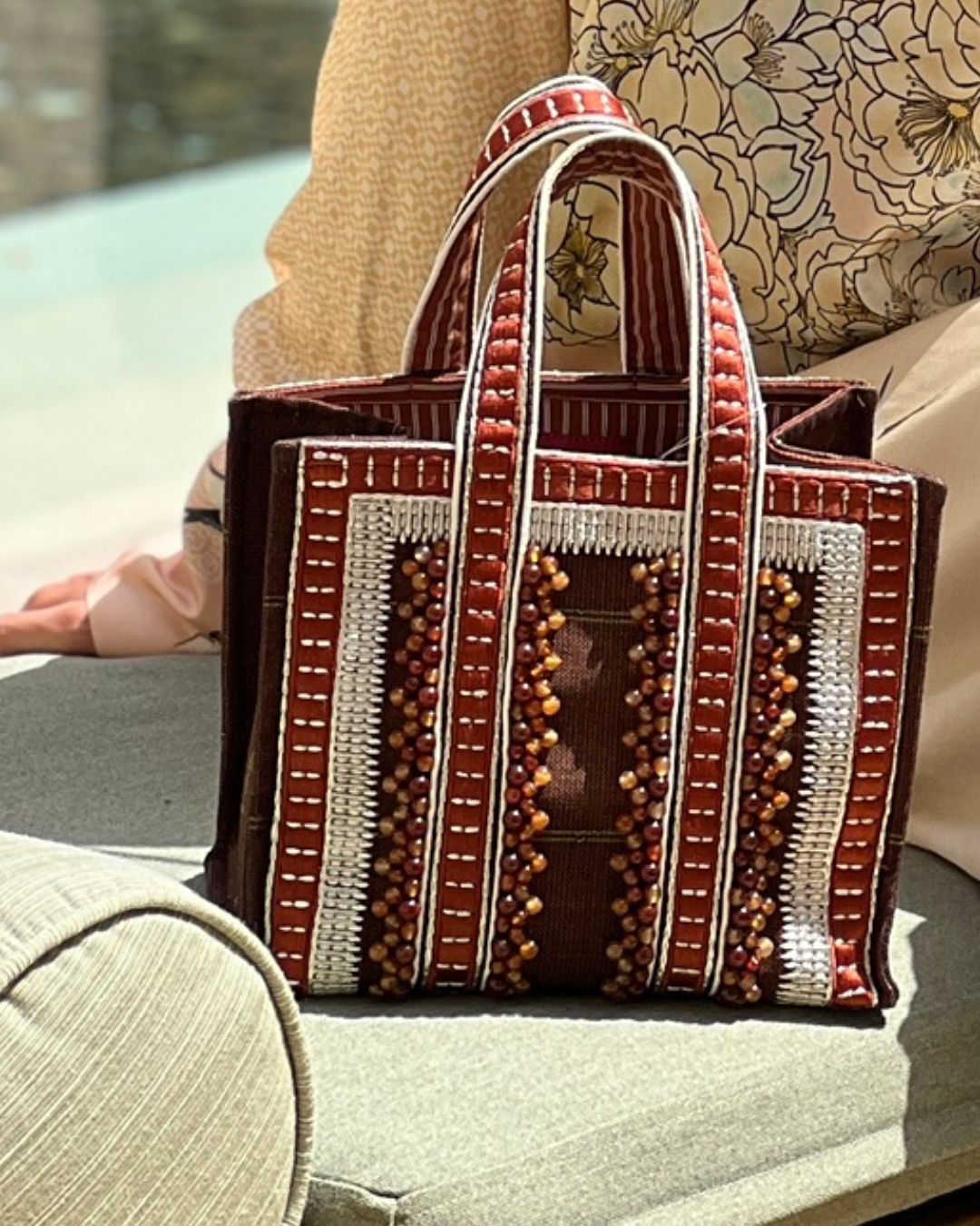 Limited-Edition Mini Tote Bag with Hand-Beaded Amber Stones