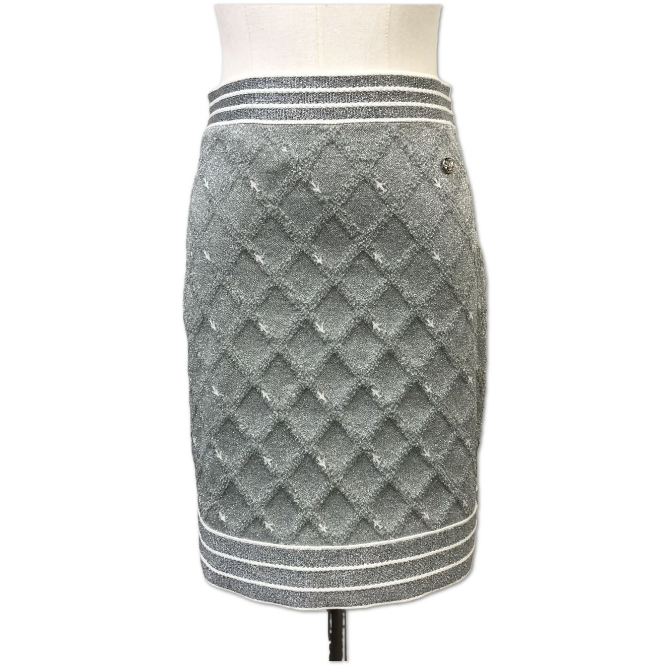 Chanel Silver Metallic Diamond Quilted Knit Skirt size 36 FQ0359566724