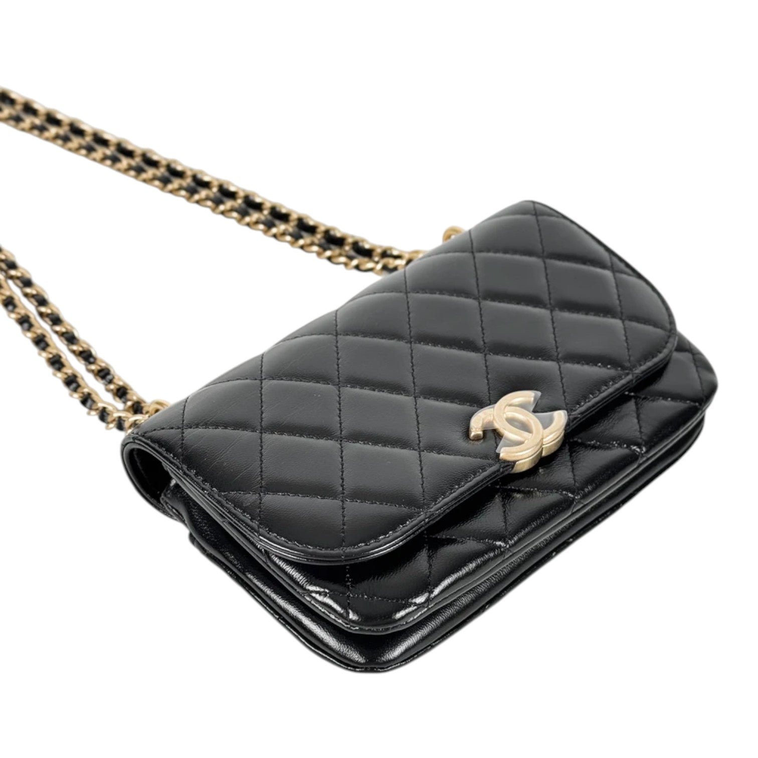 Chanel Black Calfskin Chain Bag with Gold Hardware Logo CC