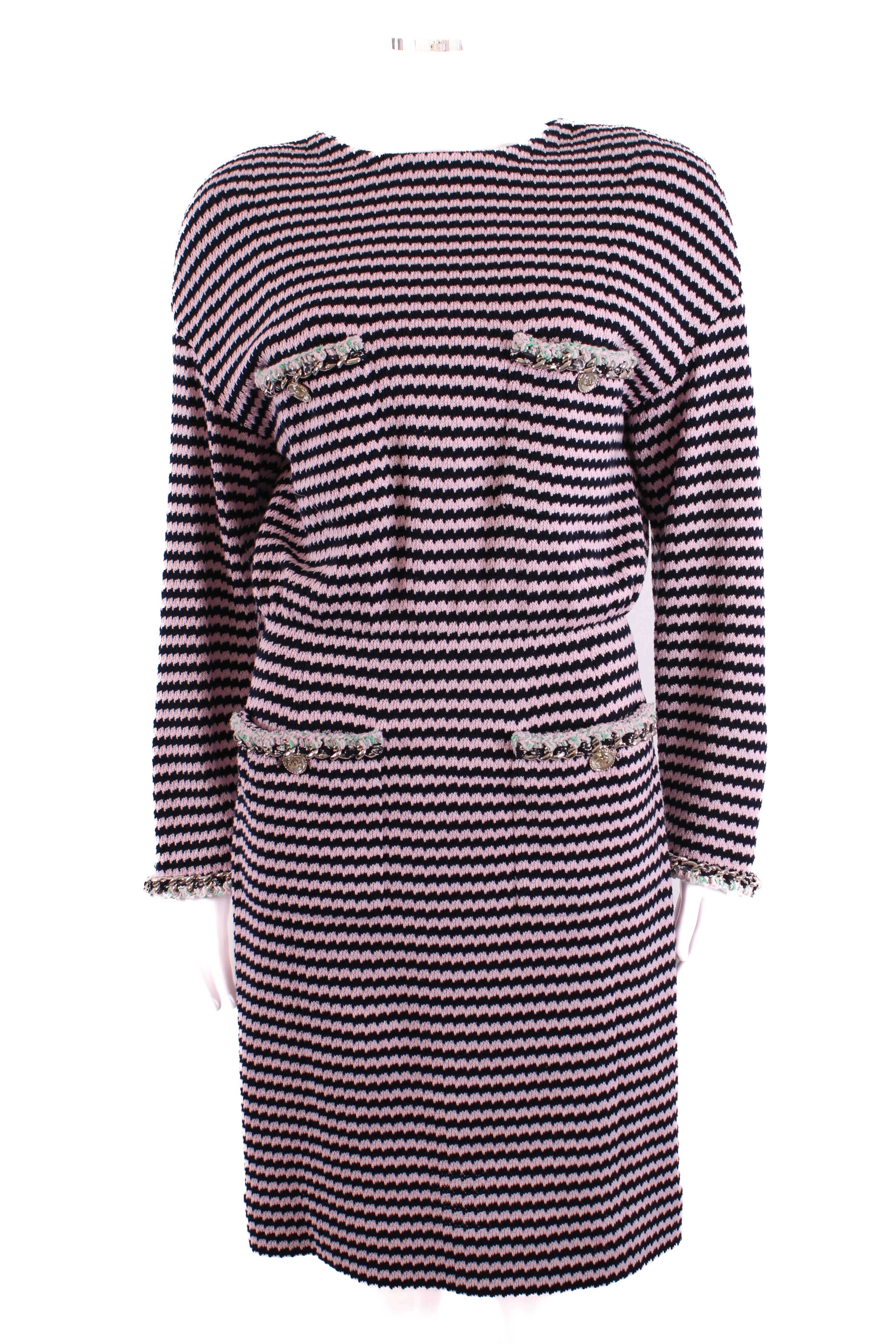 Chanel Knitted Dress with Chain Pocket Pink & Navy Stripe 38
