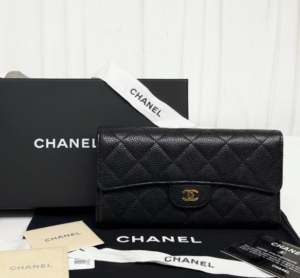 CHANEL Black Gold Lychee Leather Long Wallet 18 21891838