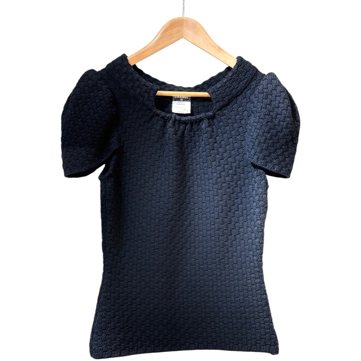Chanel Black Wool Knit Short Sleeve Top - Size 38