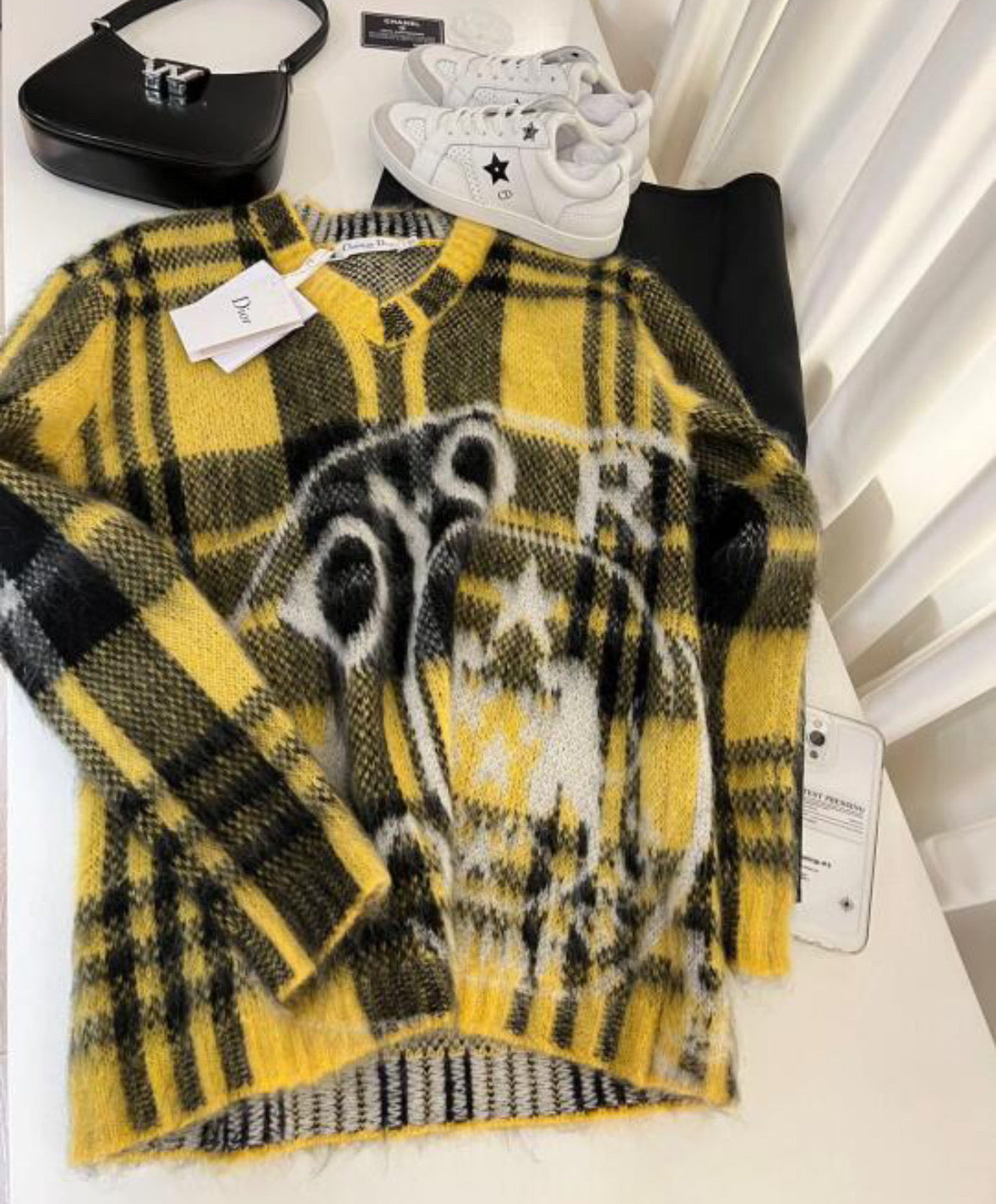 Christian Dior Yellow Plaid Mohair Cardigan Sweater