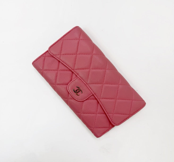 CHANEL Pink Lambskin Leather Long Wallet, Size 18 (164 oz, no cards) 21886407