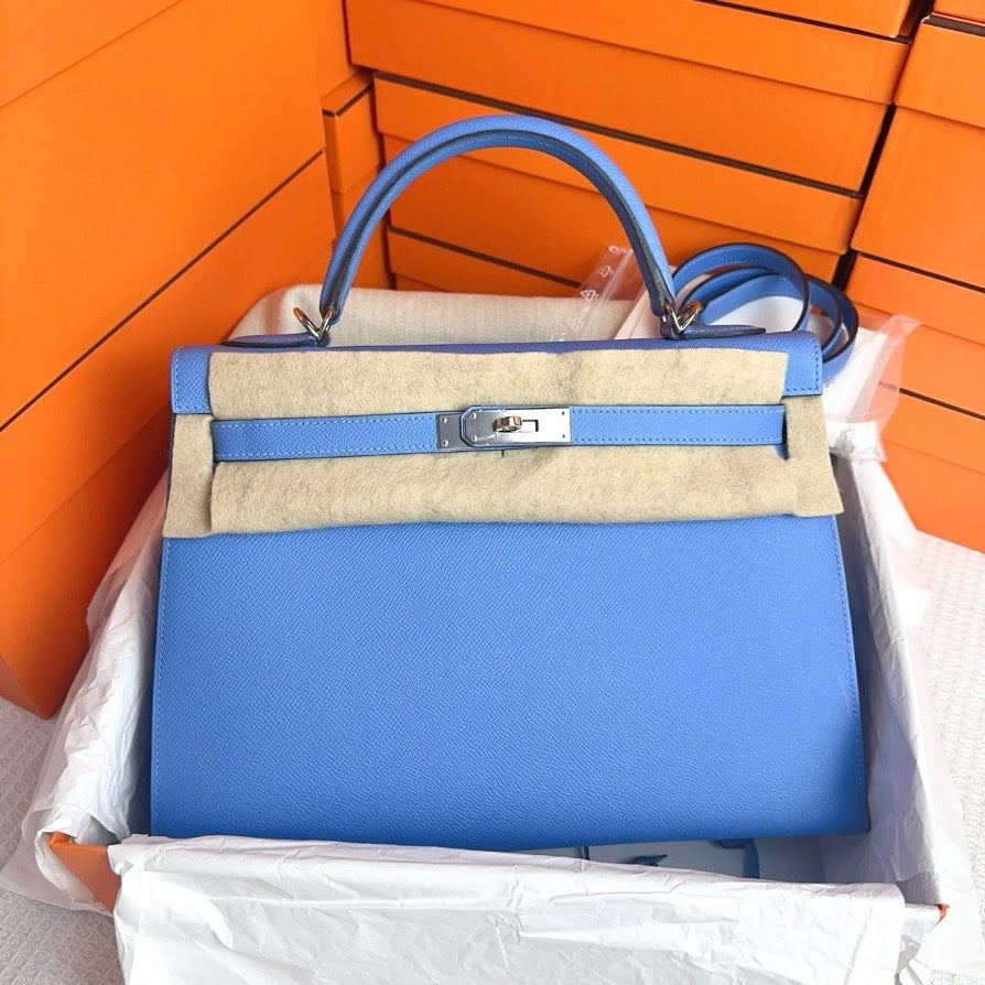 Hermes Kelly 32, Paradise Blue, Silver Buckle, T-Stamp, Epsom Leather SYC2188