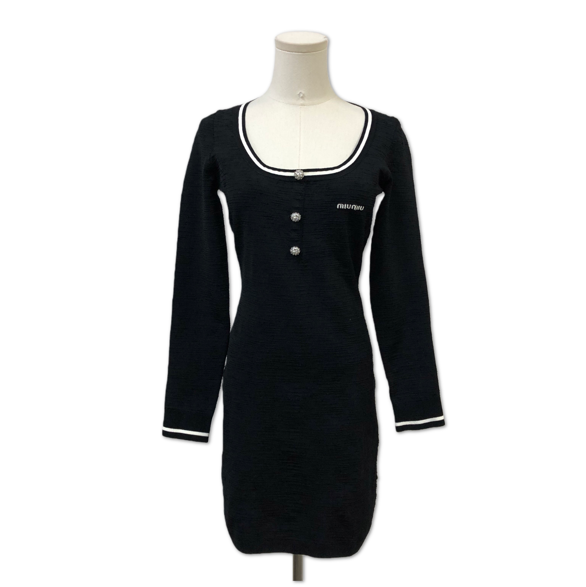 Miu Miu Black Scoop-Neck Crystal-Button Knit Mini Dress size 40 FQ0147949097