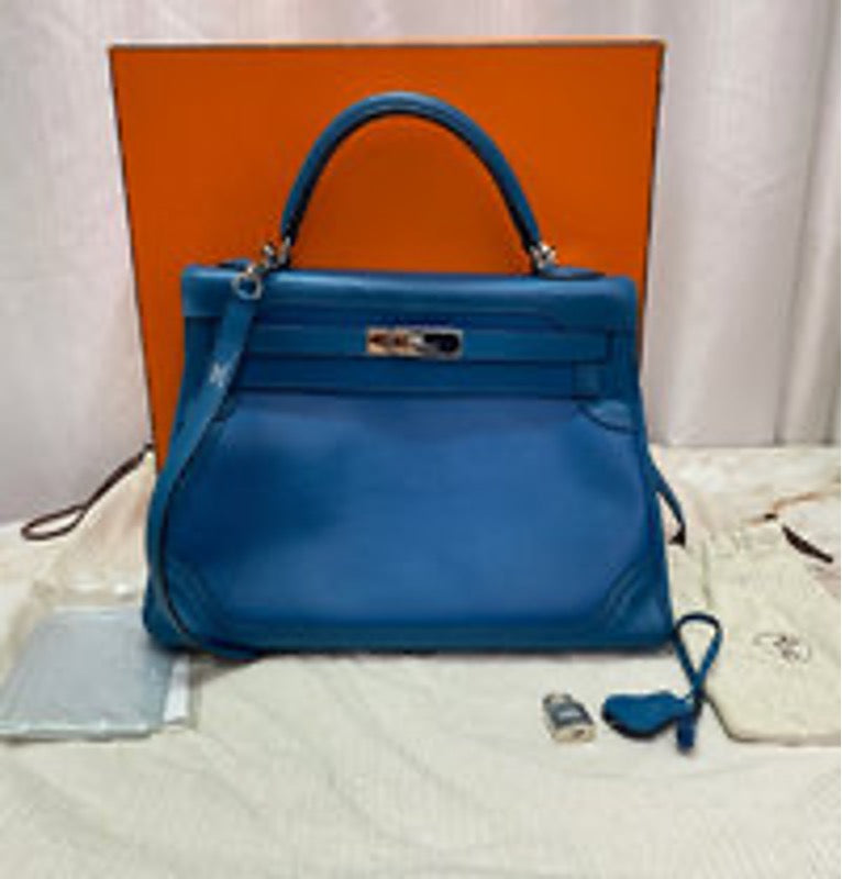 *HERMES Kelly 32 Lace Handbag with Turquoise Blue and Silver Buckle 3062512161419