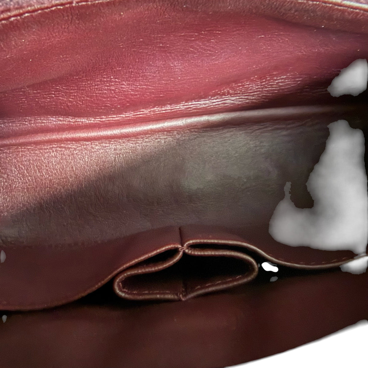 Luxury Evermore Chanel Coco Handle interior view showing smooth burgundy leather lining and slip pocket
