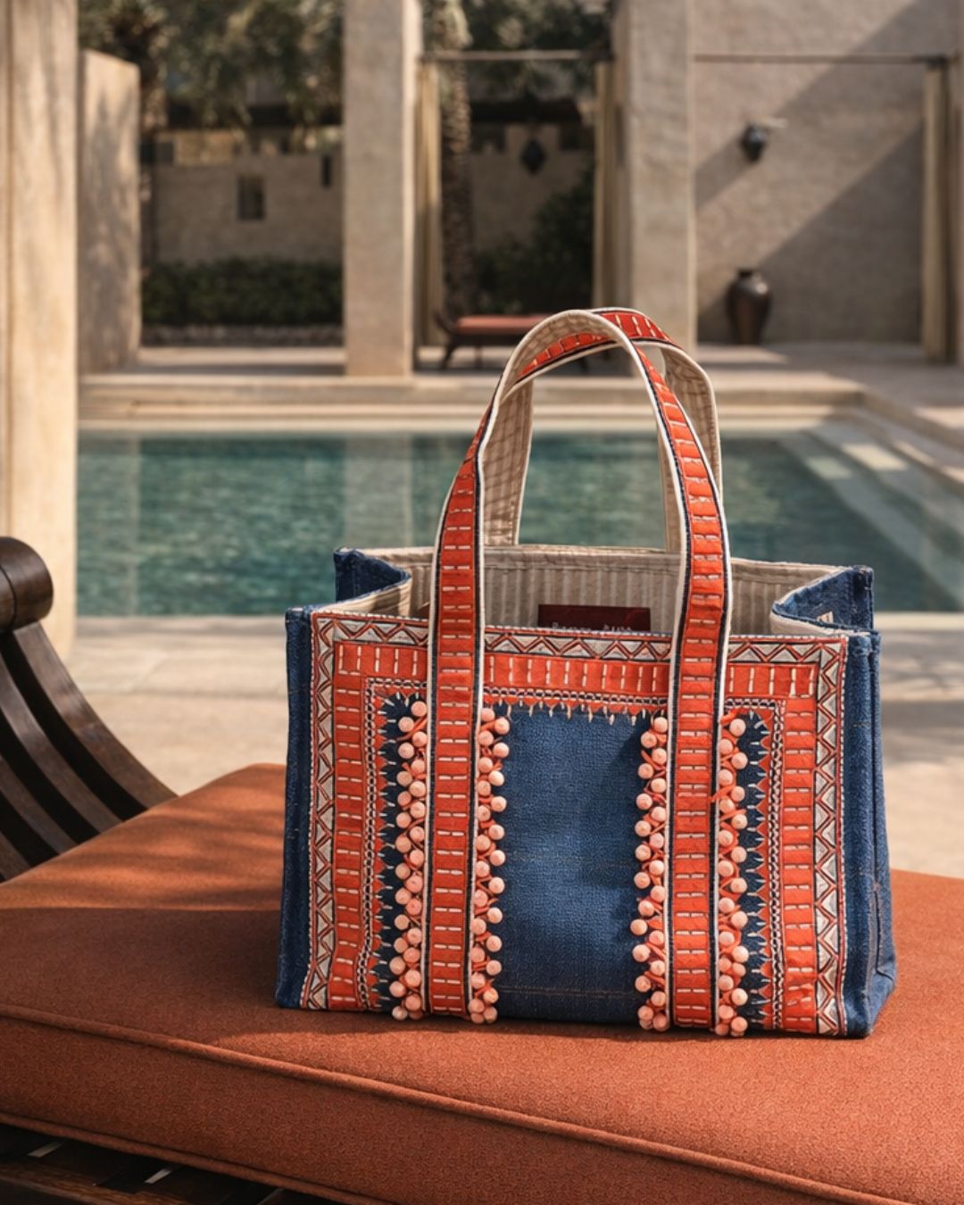 Limited-Edition Mini Tote Bag with Hand-Beaded Natural Pink Coral Stones