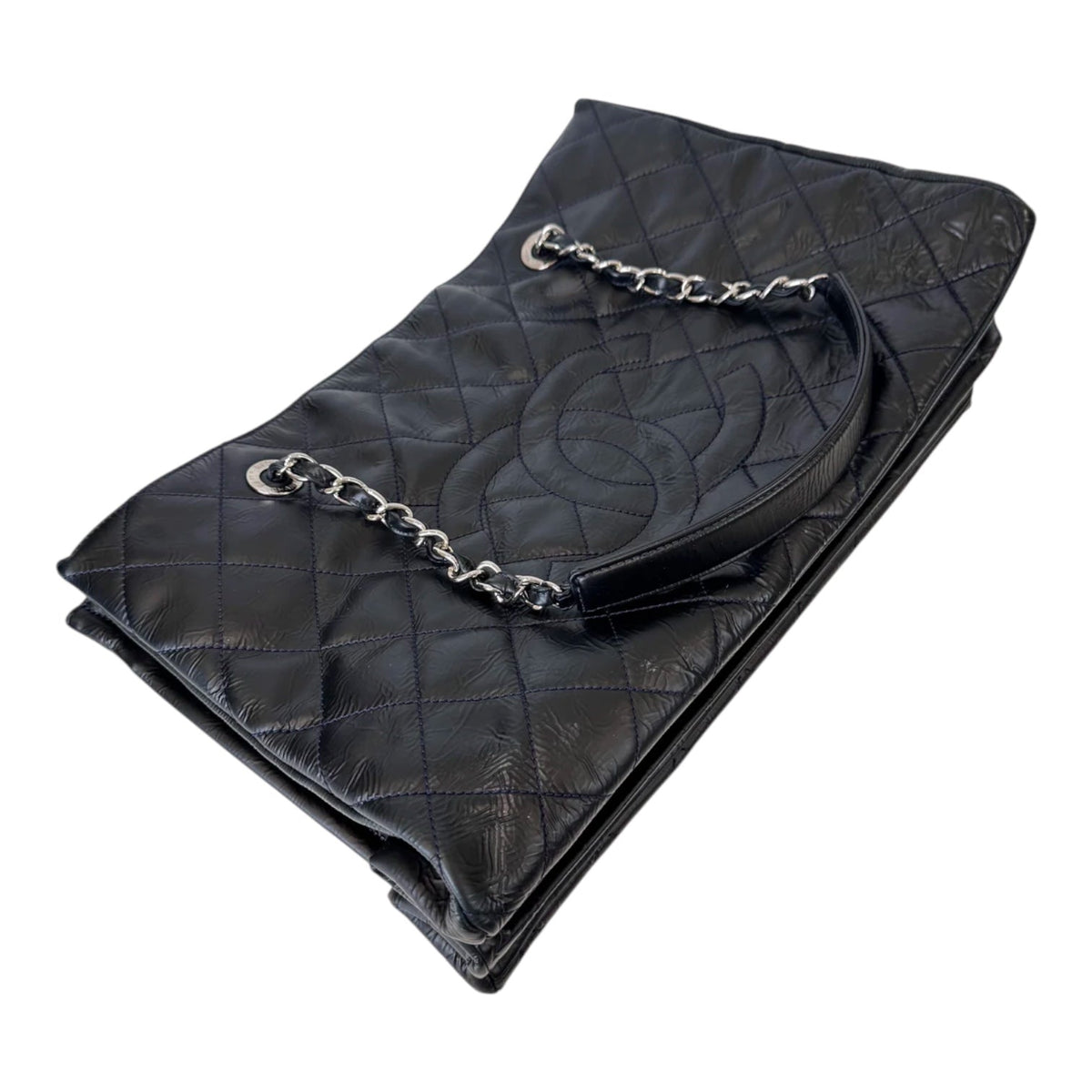 Chanel Black Shiny Leather Shopping Tote Bag