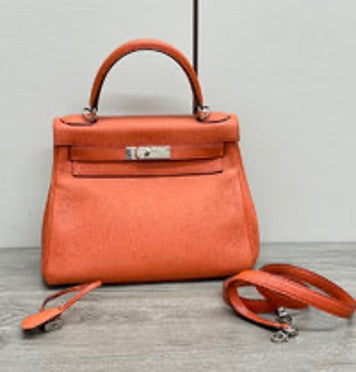 HERMES / Hermes Orange Kelly 28 Handbag with Silver Buckle 3022512181758