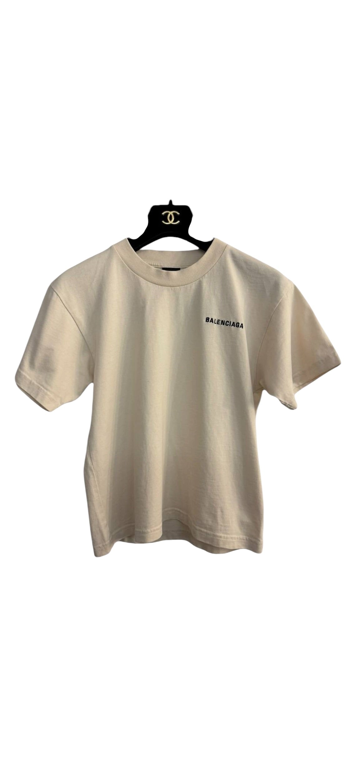 Balenciaga Embroidered Logo Tee Cream/Black Sz S DLT5967