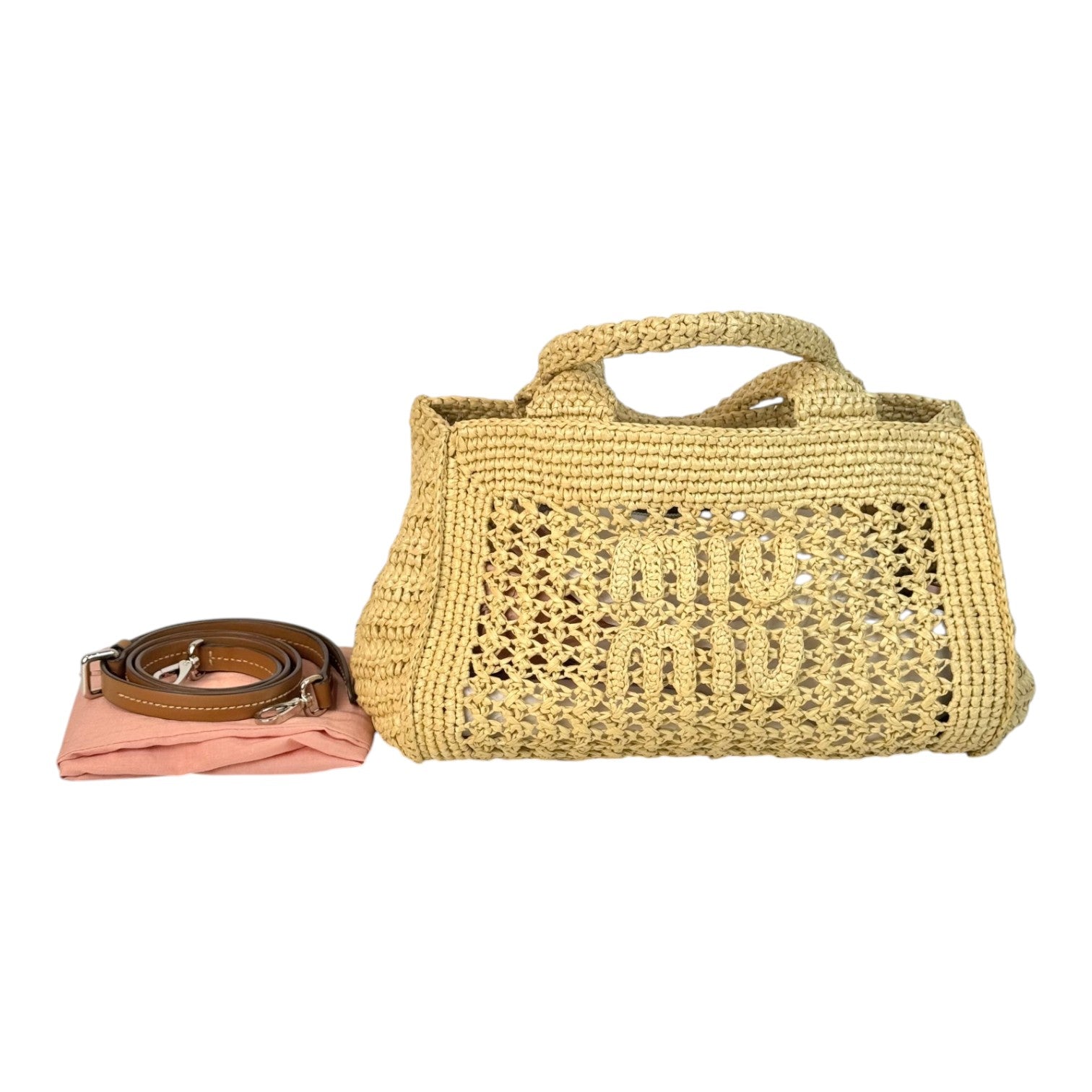 Miumiu Neutral Raffia Crochet Tote Bag