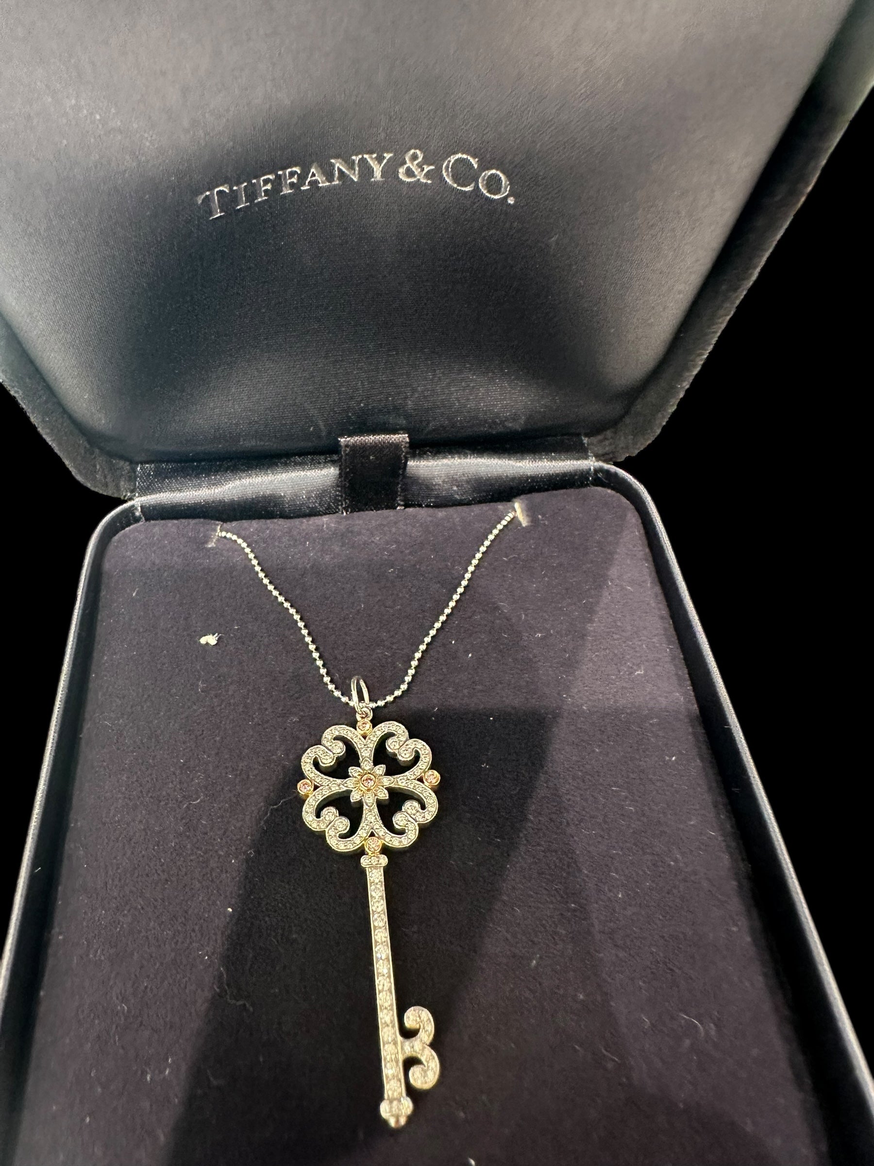 Tiffany Fleur Di Lis WG White & Pink Diamond Necklace