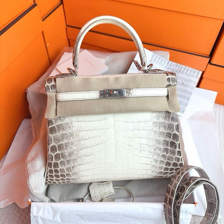 **Hermes Kelly 25 Himalayan crocodile two-dot engraving with silver clasp SYC2200