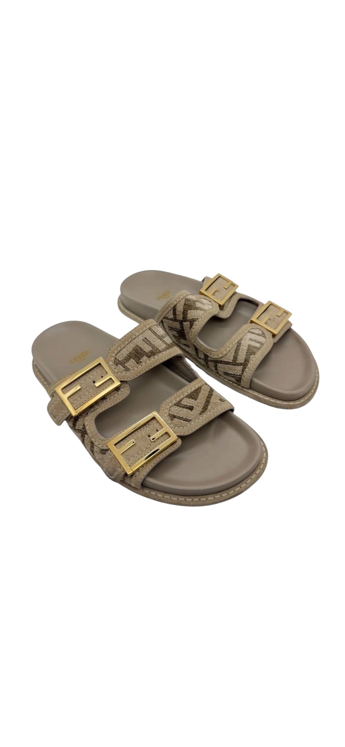 Fendi FF Feel Buckle Sandals Beige Sz37 DLT8300