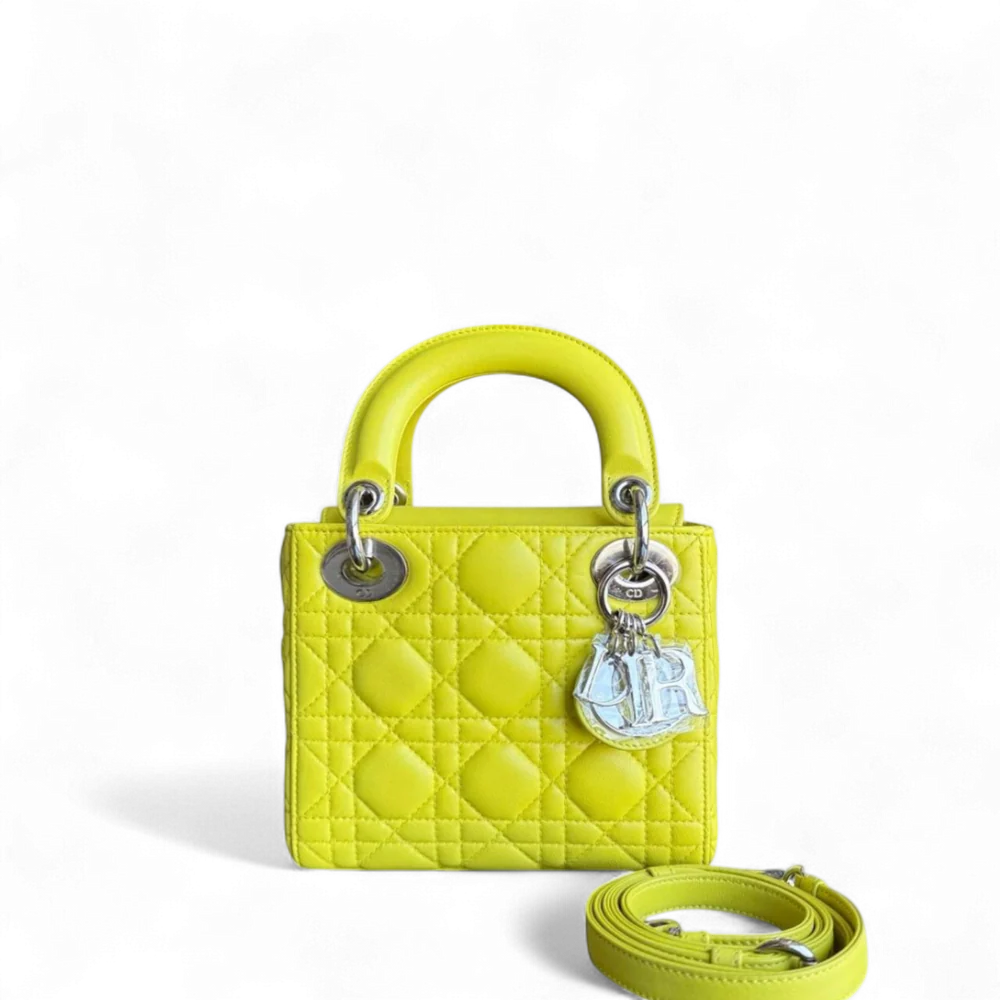 DIOR LADY MINI - CANNAGE LAMBSKIN LIME YELLOW SILVER HARDWARE ADJUSTABLE STRAP SYCM511
