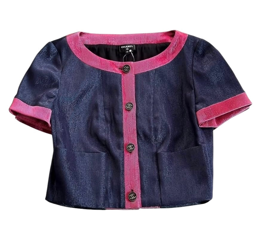 Chanel Short Sleeve Cropped Jacket Shimmer Dark Blue/Pink Sz36 SYCYA111