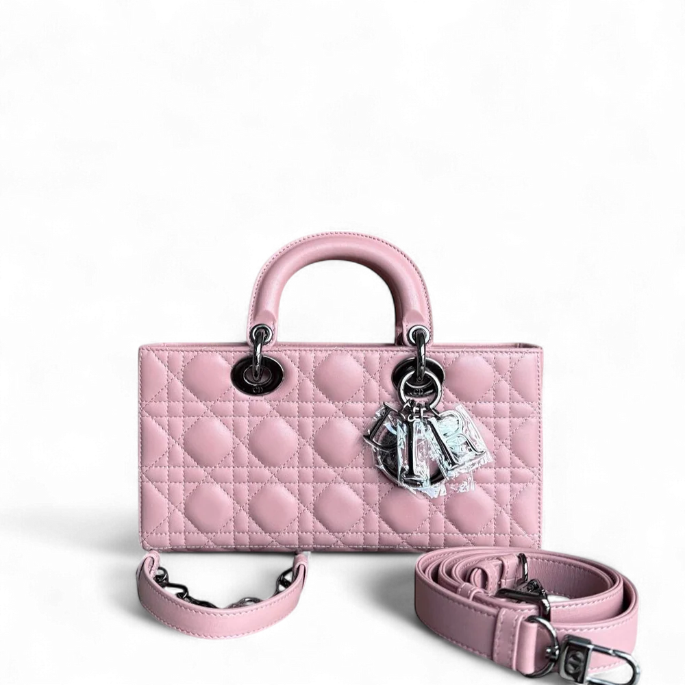 DIOR LADY D-JOY MEDIUM - CANNAGE LAMBSKIN SAKURA PINK BLACK HARDWARE SYCM495