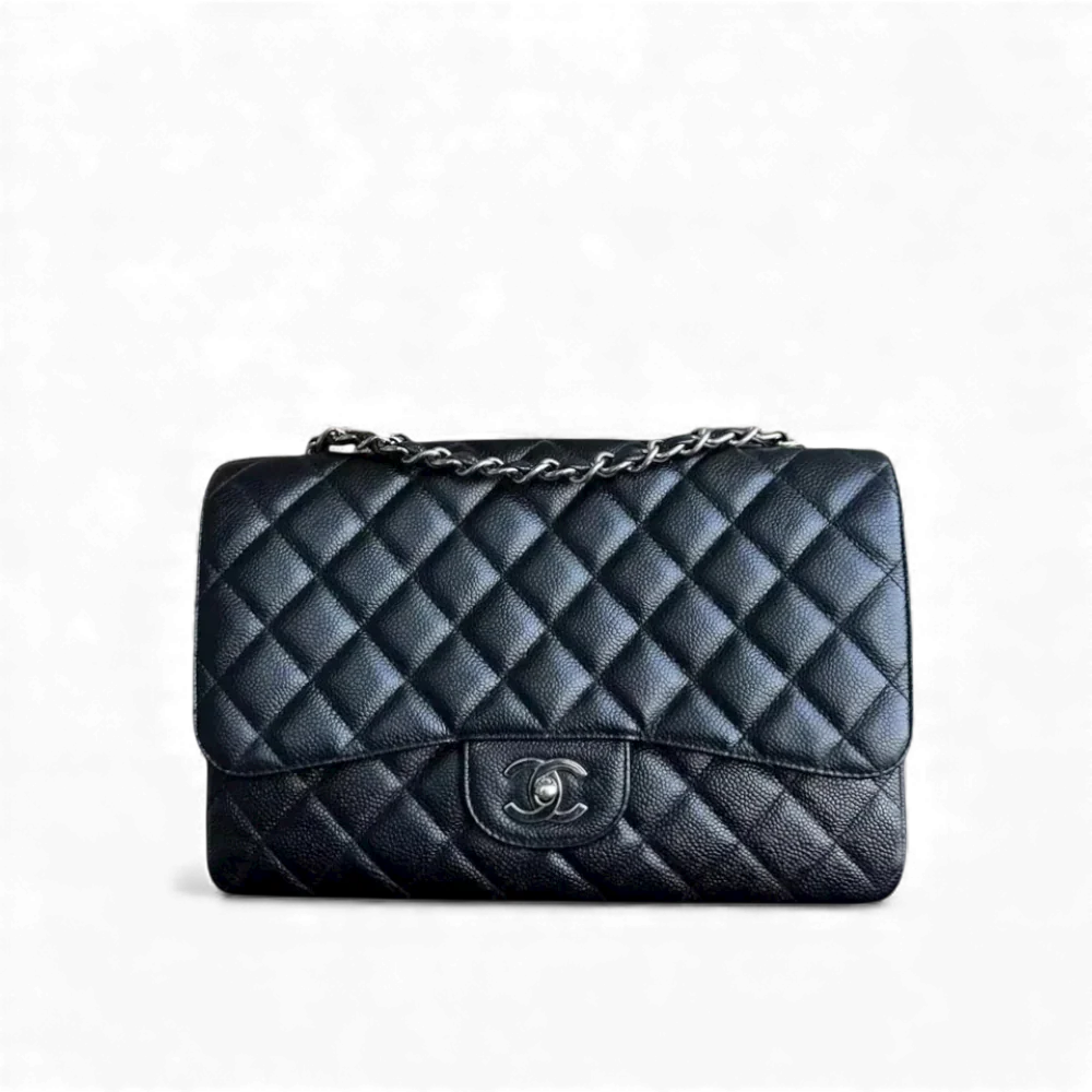 CHANEL CAVIAR JUMBO CLASSIC FLAP QUILTED GRAINED CALFSKIN BLACK SILVER HARDWARE SERIES 13 SYCM560