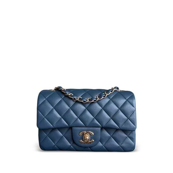CHANEL LAMBSKIN MINI RECTANGLE CLASSIC FLAP - 20CM QUILTED BLUE GOLDEN HARDWARE SERIES 23 SYCM608