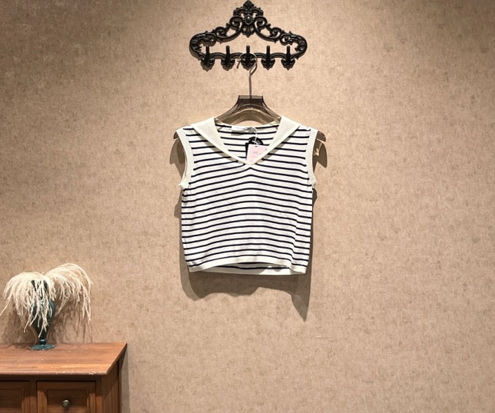 Dior Blue and White Striped Navy Collar Vest with Logo Banner / Size 38 / 99% New / 42165 SYCF42165