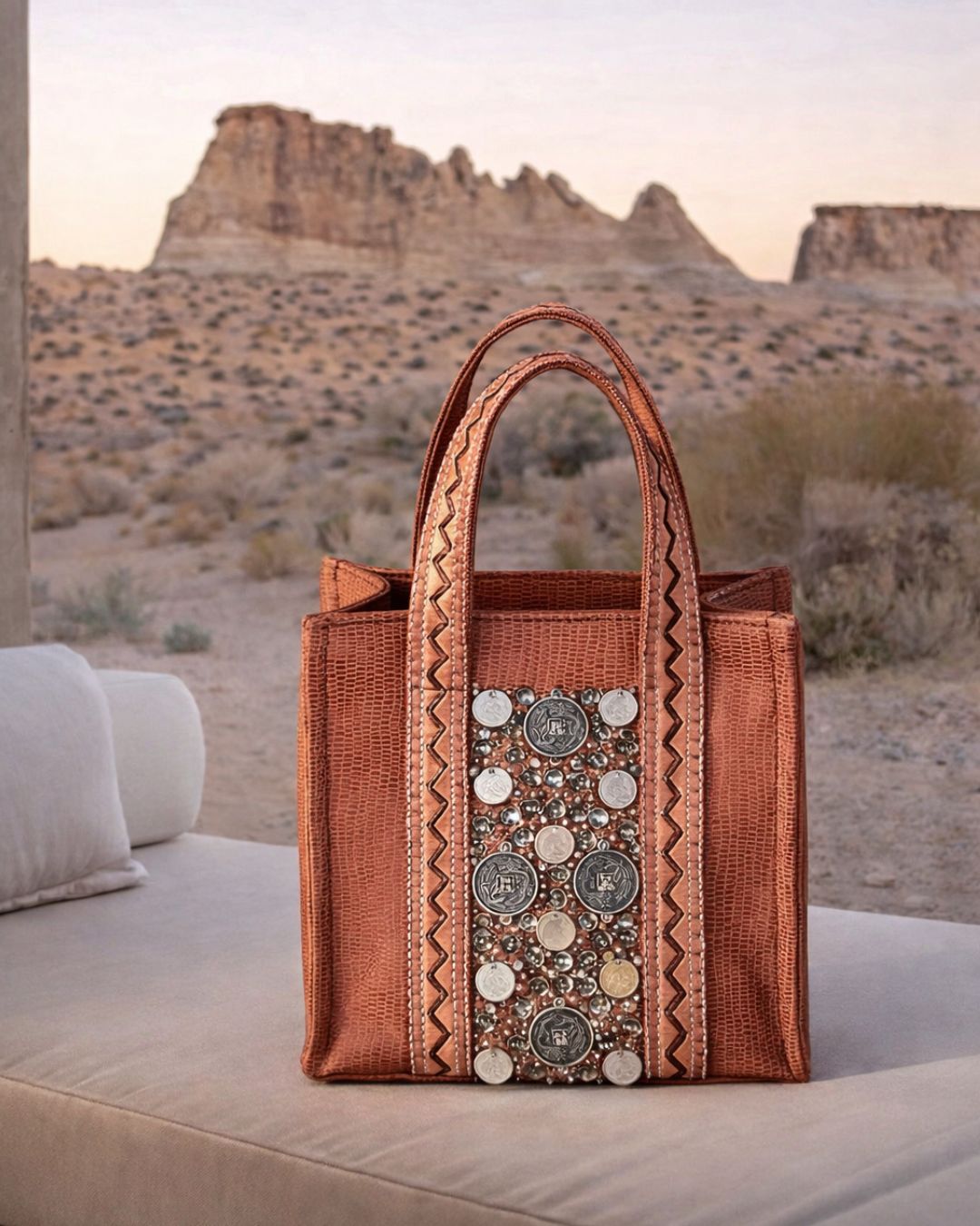 Limited-Edition Mini Leather Tote Bag with Hand-Embroidered Arabian Silver Coins