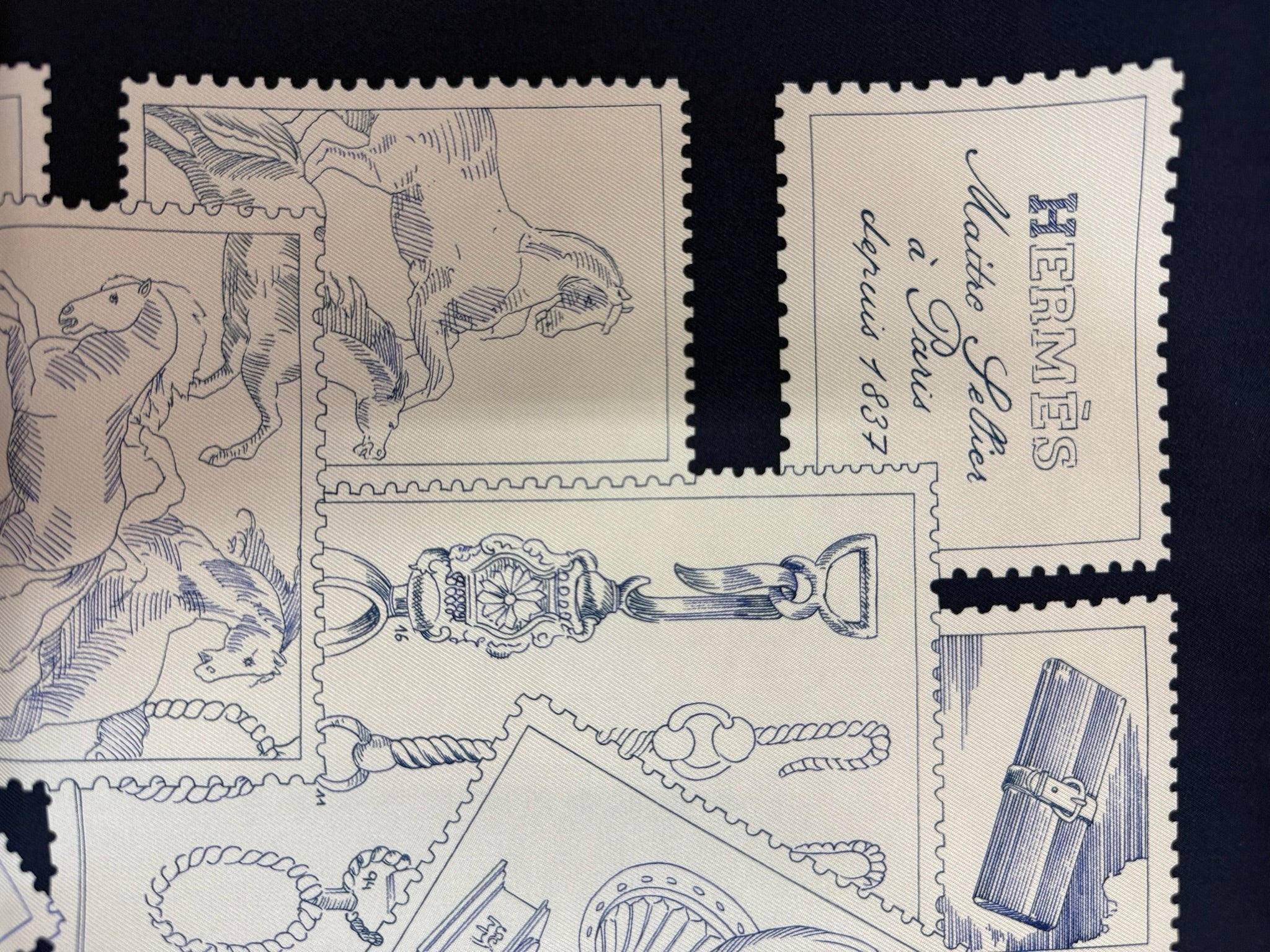 Hermès “Fubao Philatelic” 90cm Silk Scarf – Navy Blue / White – 100% Silk – Hand-rolled Edge