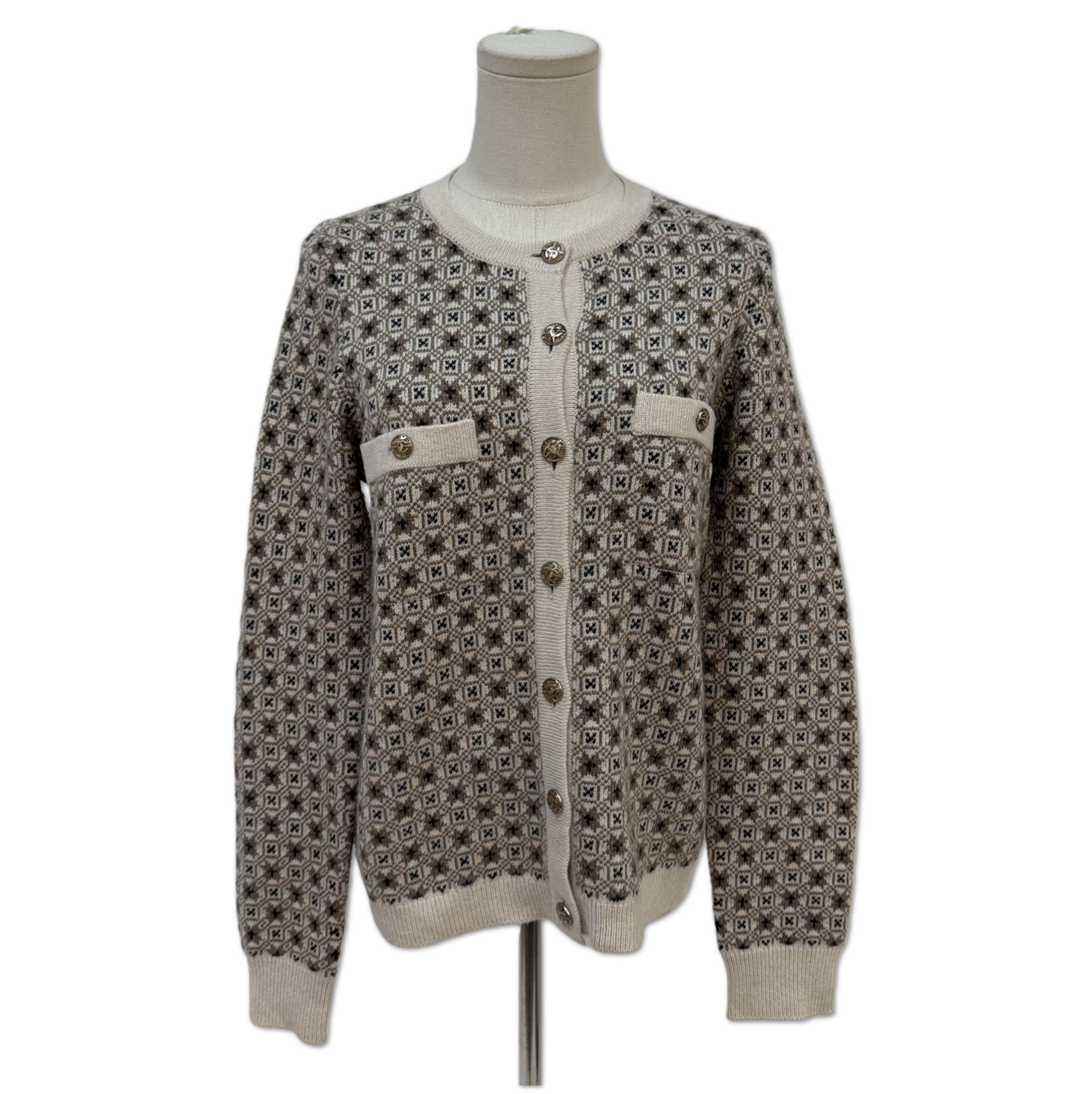 Chanel Beige and Brown Geometric Fair Isle Knit Cardigan Sweater size 38 HZ1178846833