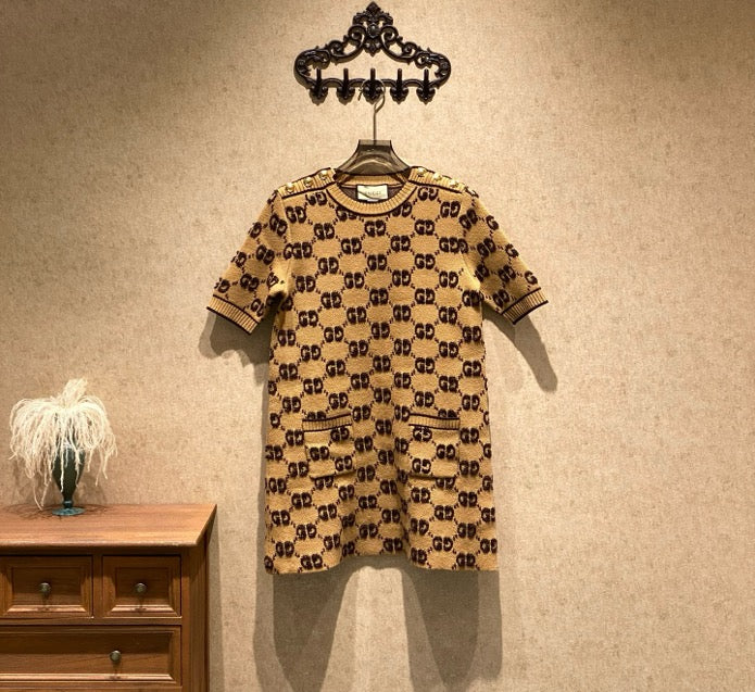Gucci brown double G print wool dress with gold buttons / XL size / brand new with tags / 40519