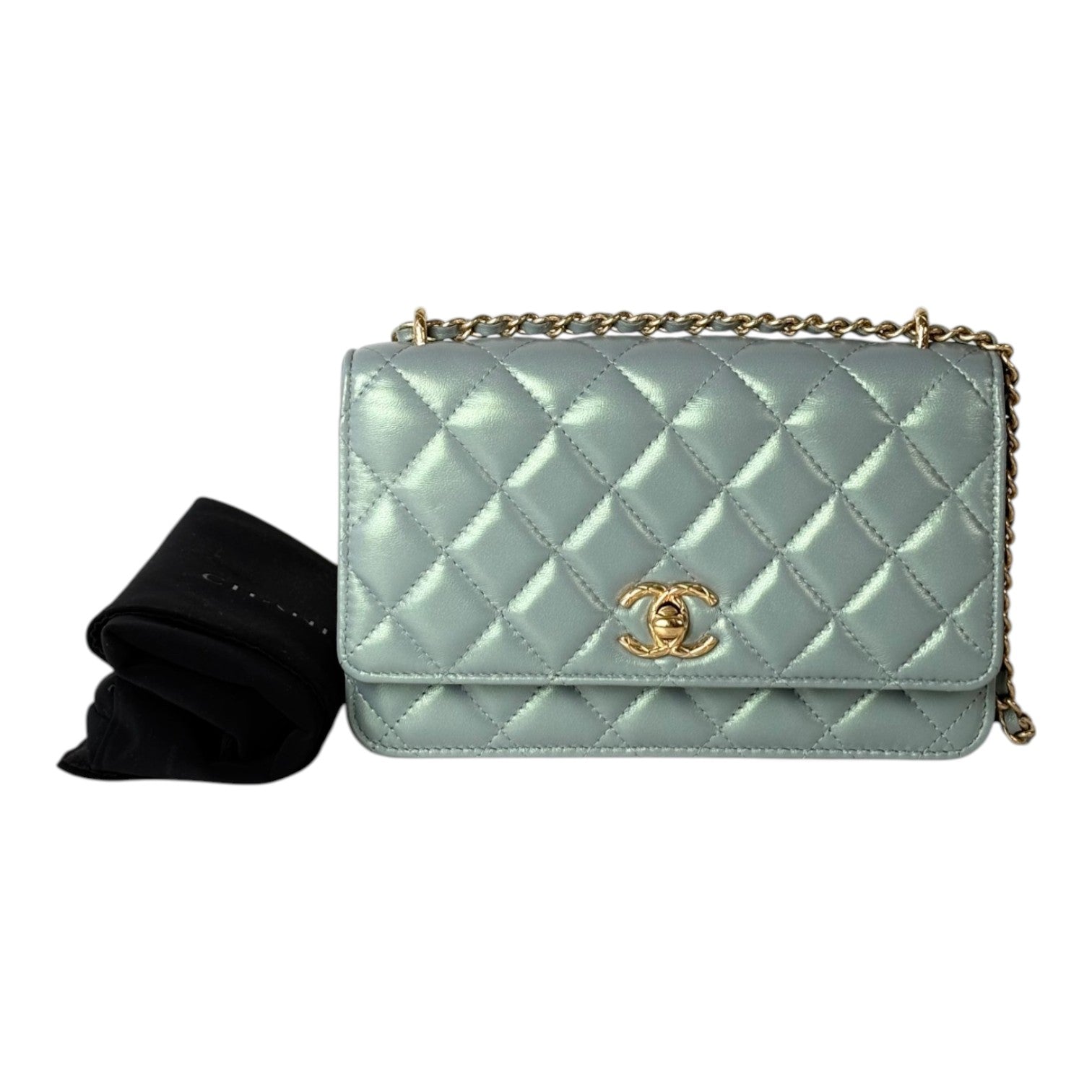 Chanel Pearl Light Green Quilted Leather Wallet on Chain