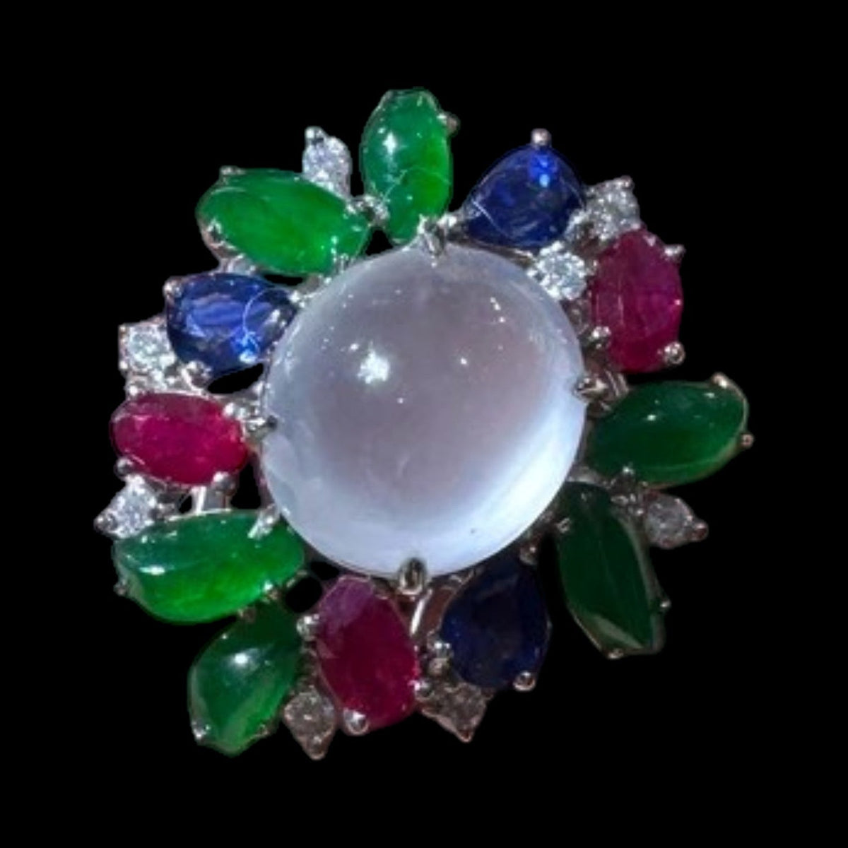 11.2mm Natural Jade & 10.4mm Jade & Ruby Sapphire Ring set in 18K White Gold