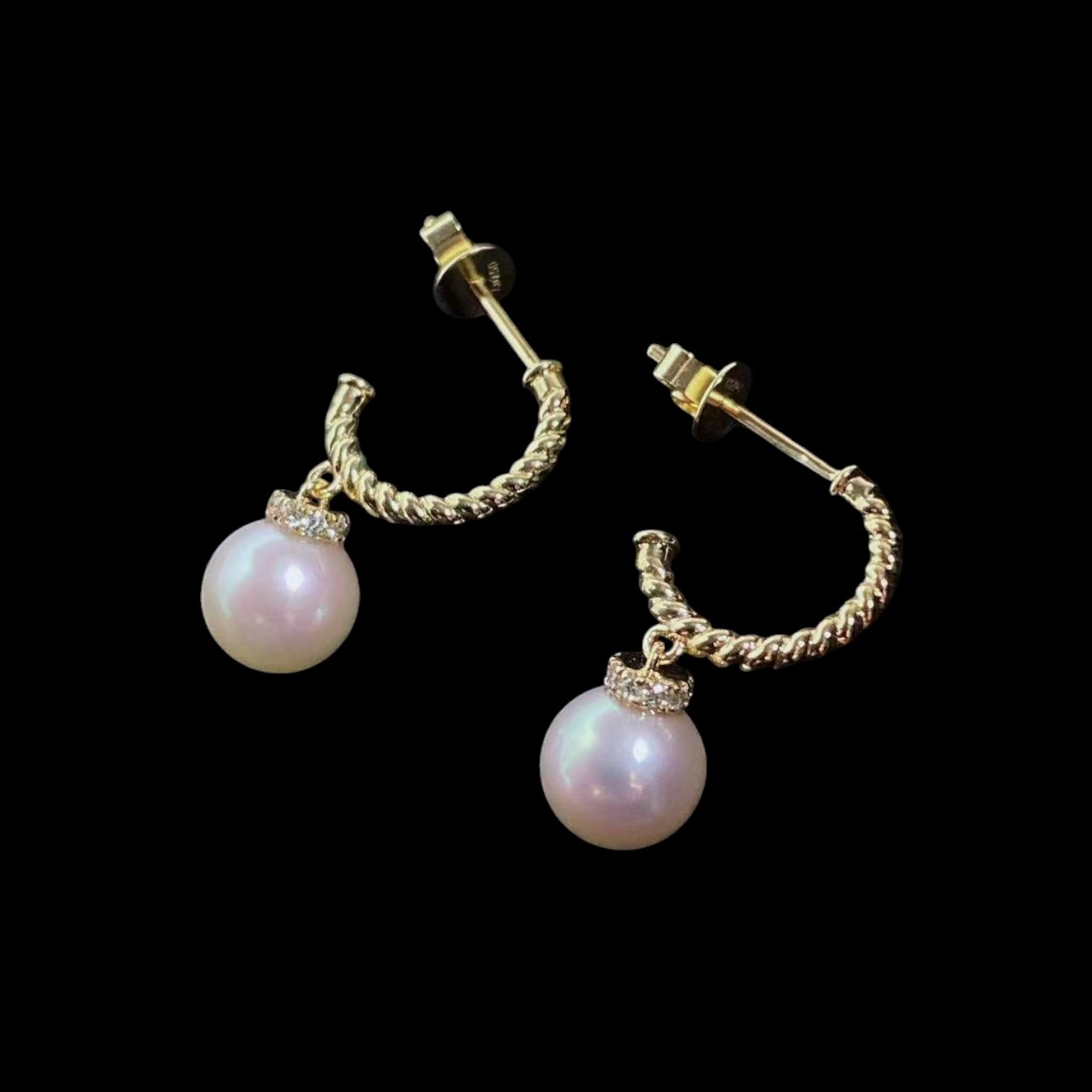 Akoya Pearl 7.4mm & 0.13ct Diamond Earrings set in 18K Yellow Gold