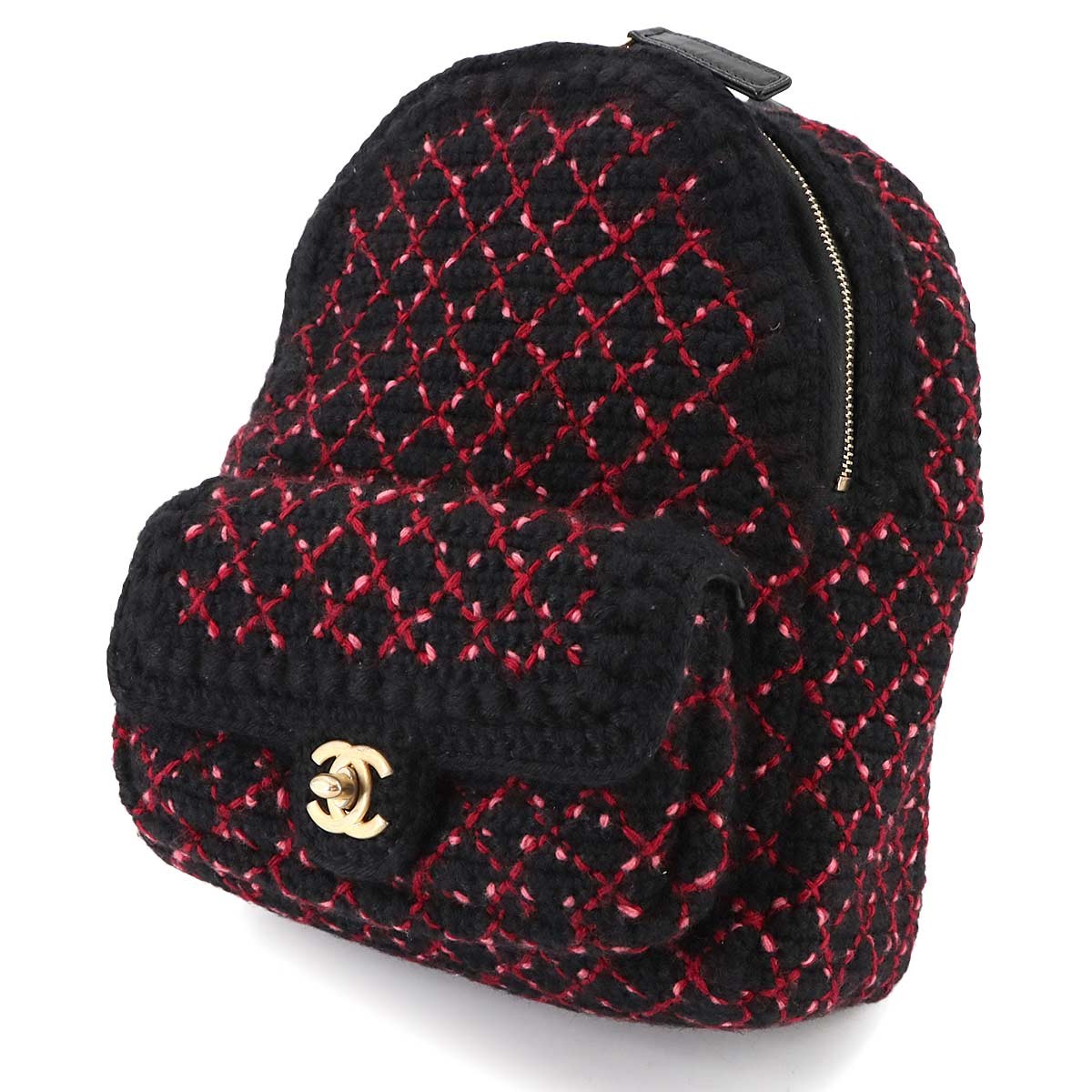 CHANEL Back Pack Knit tweed Leather Black Red A91925 Coco Logos 902768408