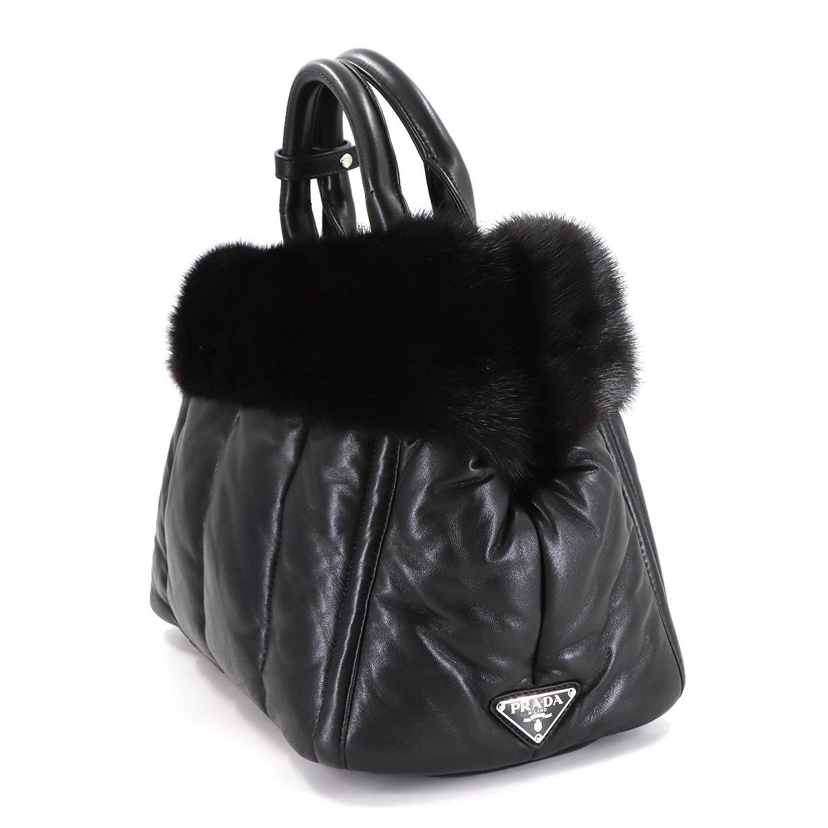 PRADA 2way Tote Shoulder Bag Leather Fur Black Purse 902819993