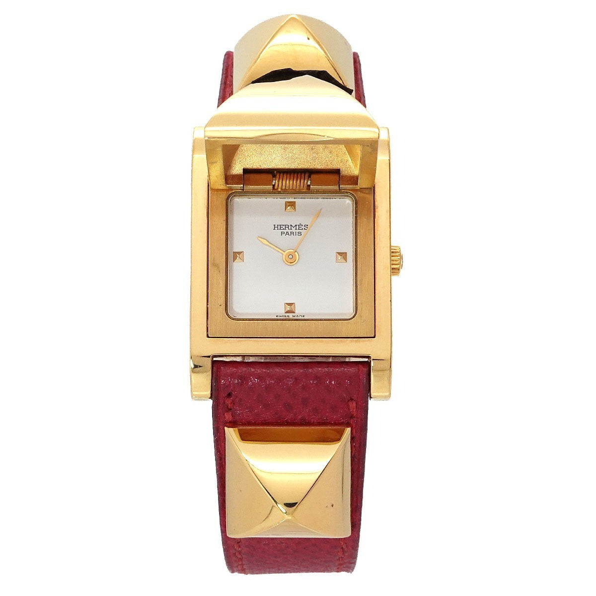 HERMES Medor Vintage pyramid Gold studs Quartz White Dial Ladies 903332260