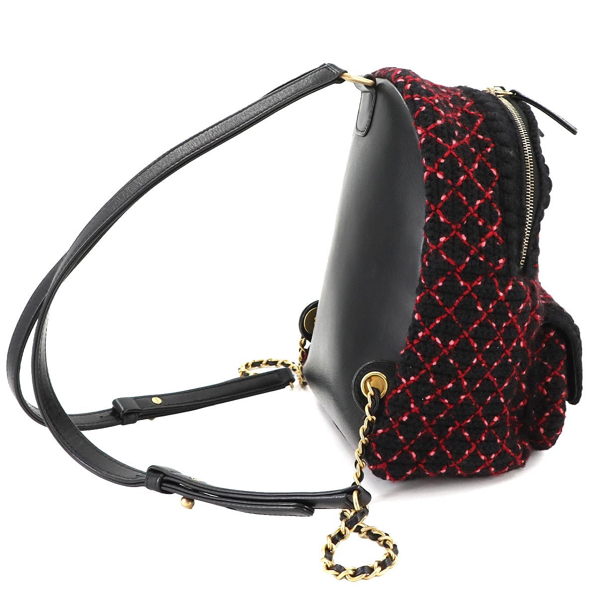 CHANEL Back Pack Knit tweed Leather Black Red A91925 Coco Logos 902768402