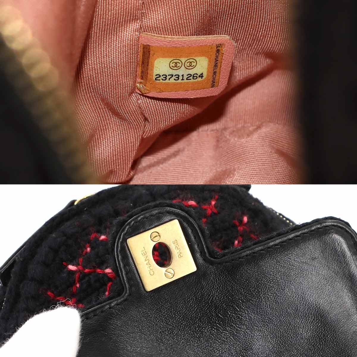 CHANEL Back Pack Knit tweed Leather Black Red A91925 Coco Logos 9027684010