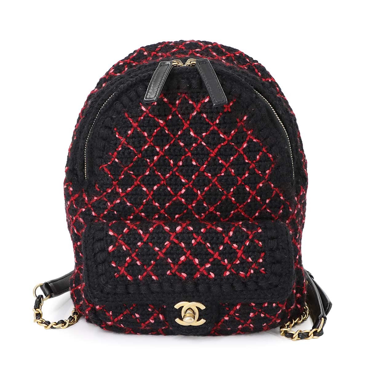CHANEL Back Pack Knit tweed Leather Black Red A91925 Coco Logos 902768400